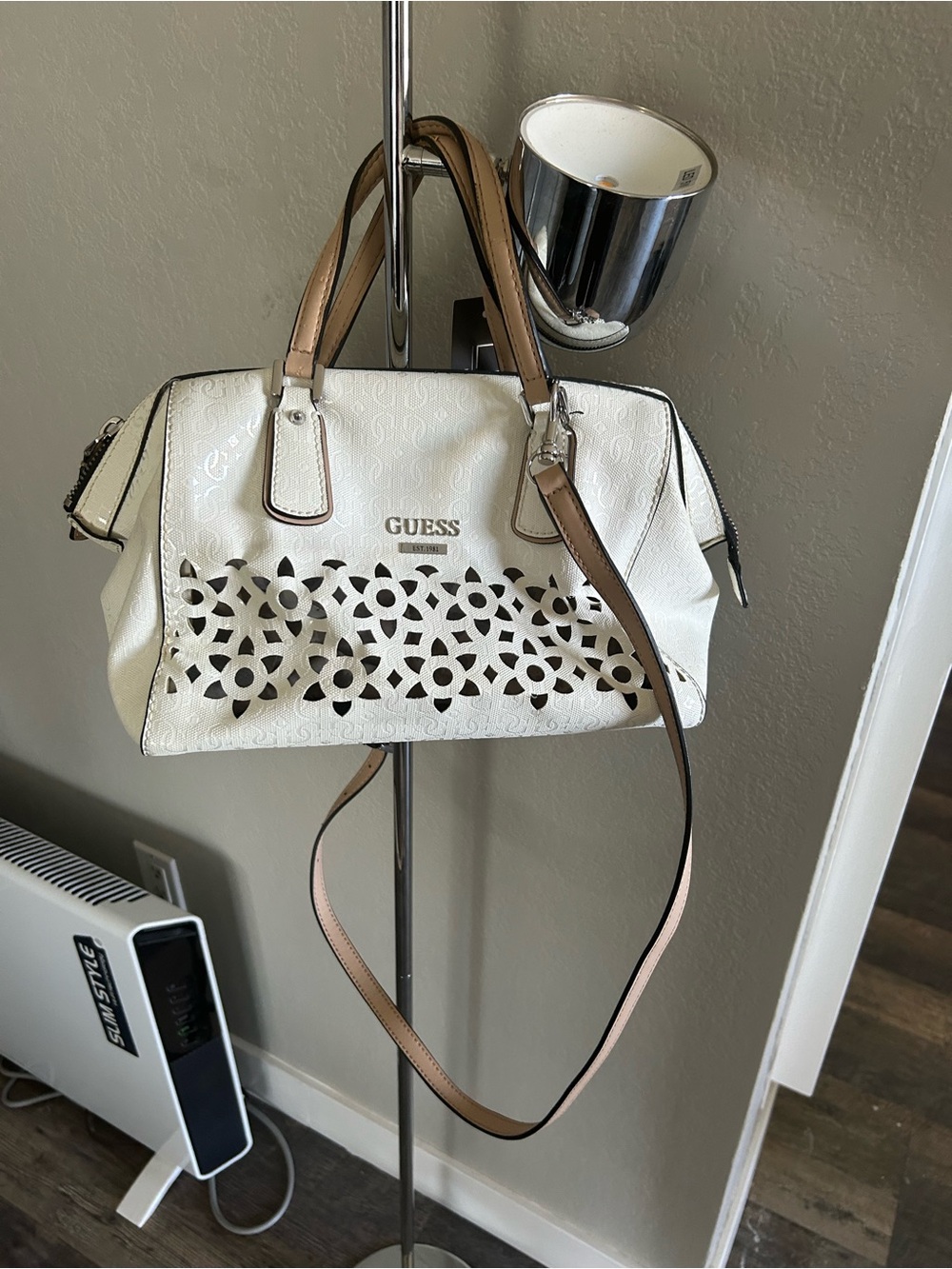 GUESS White Satchel with Tan Accents and Laser-Cut Overlay